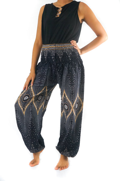 Unisex Bohemian Peacock Feather Plume Harem Pants- Black