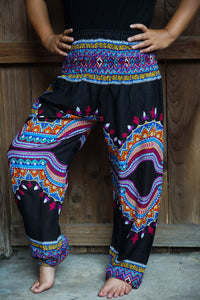 Unisex Bohemian Tribal Harem Pants- Black Multi