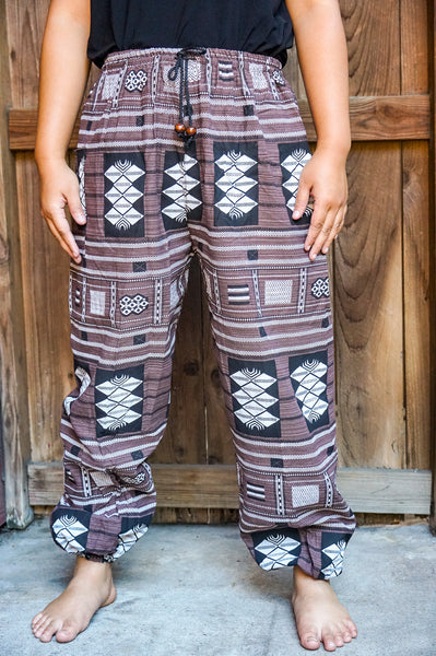 Bohemian Tribal Drawstring Slubbed Harem Pants- Mixed Neutral
