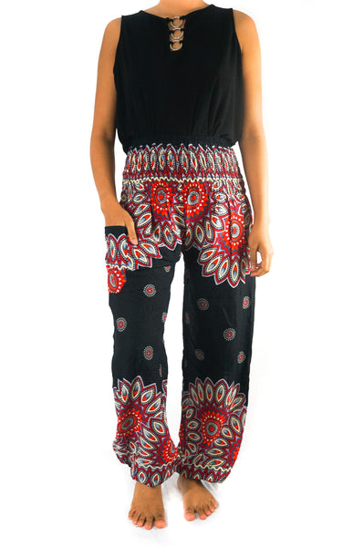 Unisex Bohemian Mandala Floral Harem Pants- Black/Red