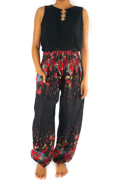 Unisex Bohemian Floral Harem Pants- Black Multi