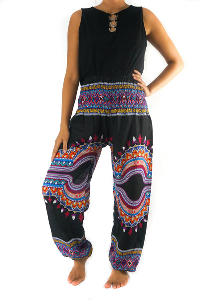 Unisex Bohemian Tribal Harem Pants- Black Multi