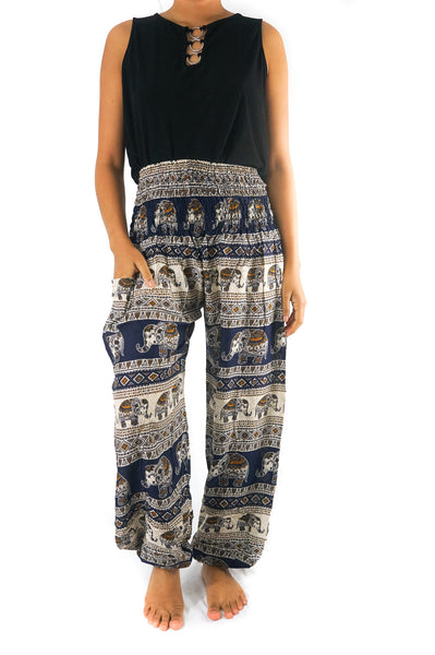 Unisex Bohemian Elephant Tribal Harem Pants- Navy/Cream