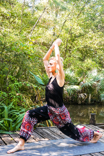 Unisex Bohemian Mandala Floral Harem Pants- Black/Red