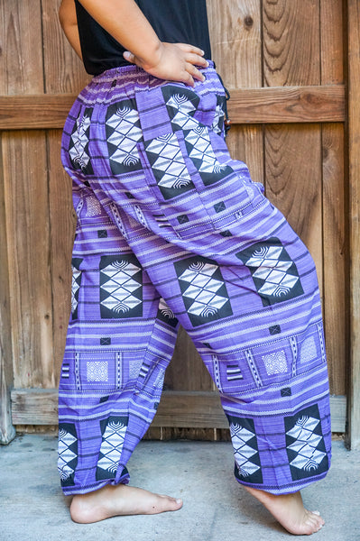 Bohemian Tribal Drawstring Slubbed Harem Pants- Purple Multi