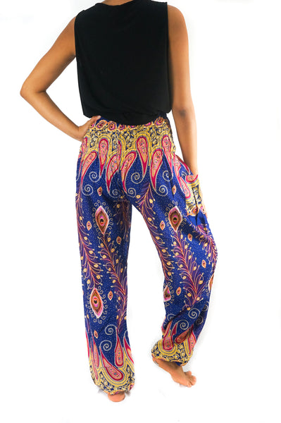 Unisex Bohemian Peacock Feather Paisley Harem Pants- Blue Multi