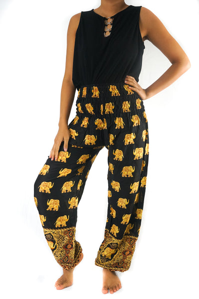 Unisex Bohemian Elephant Print Motif Harem Pants- Black/Yellow