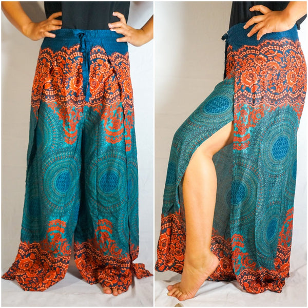 Women's Bohemian Mandala Floral Palazzo Wrap Pants- Teal/Orange