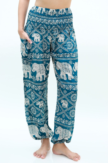 Unisex Bohemian Elephant Lattice Print Harem Pants- Teal