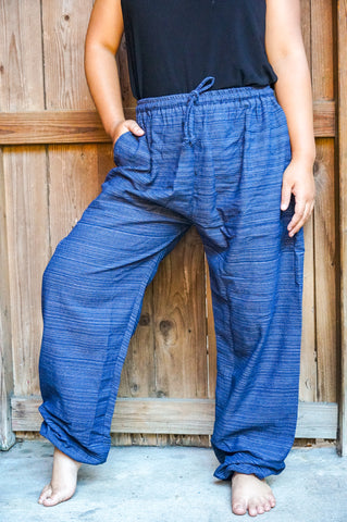 Bohemian Drawstring Slubbed Harem Pants- Medium Blue