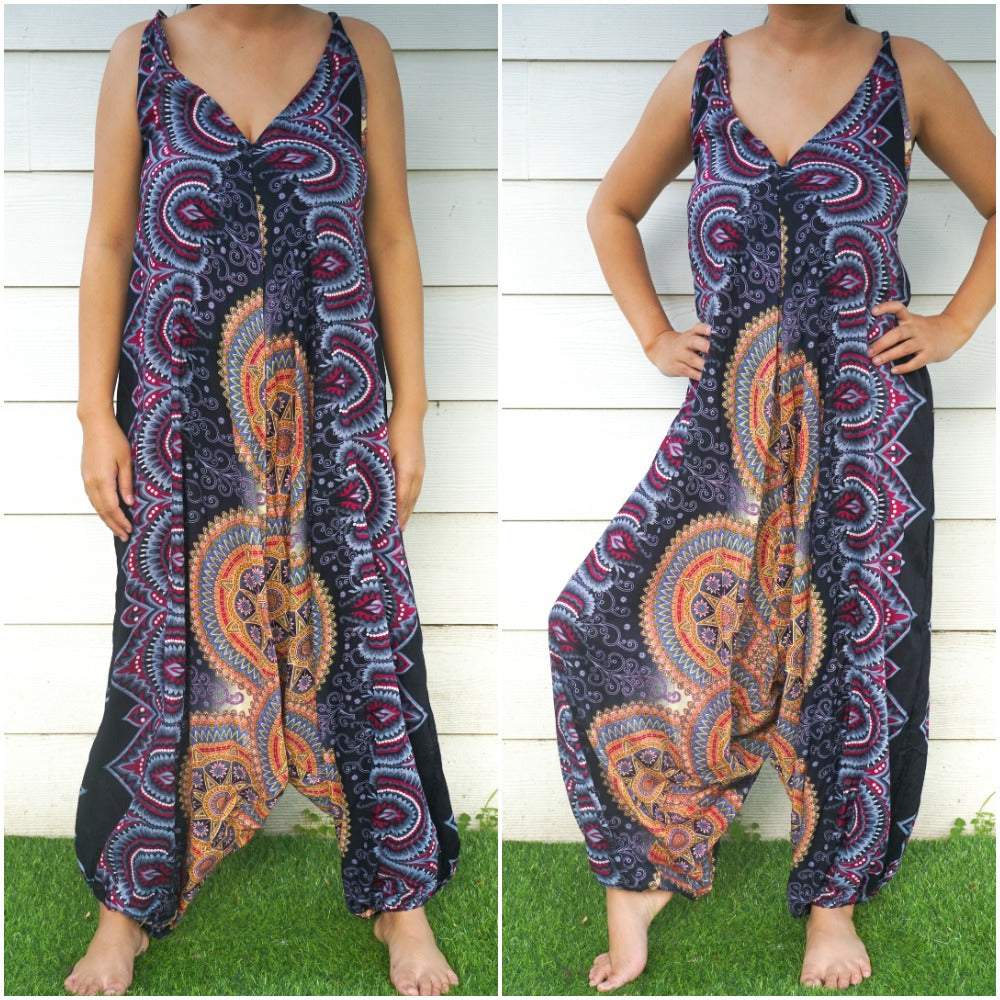 Bohemian Harem Jumpsuit- Black Multi Mandala