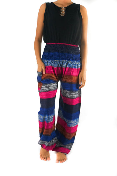 Unisex Bohemian Striped Harem Pants- Blue Multi