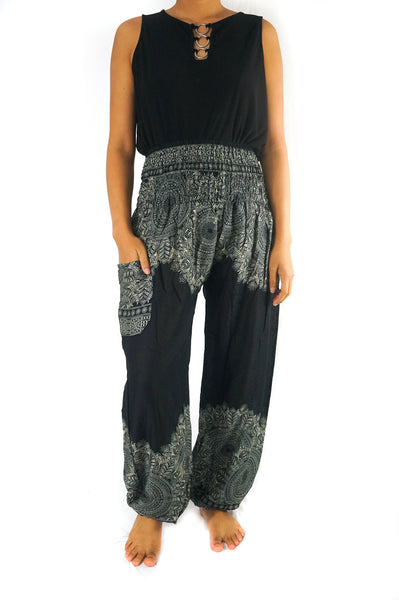 Unisex Bohemian Floral Scroll Harem Pants- Black