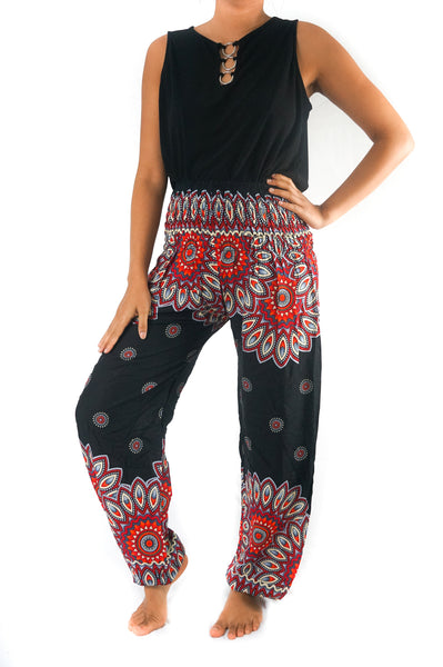 Unisex Bohemian Mandala Floral Harem Pants- Black/Red