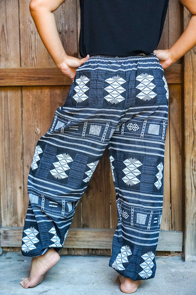 Bohemian Tribal Drawstring Slubbed Harem Pants- Blue/Gray Multi