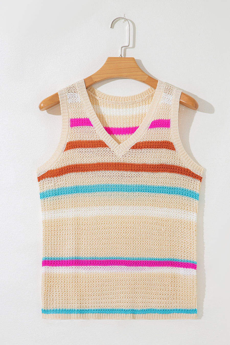 Khaki Striped V-Neck Textured Knit Vest