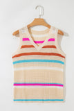 Khaki Striped V-Neck Textured Knit Vest