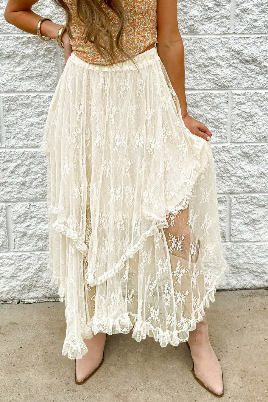 Beige Lace Cascading Tiered High-Waist Maxi Skirt