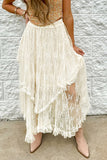 Beige Lace Cascading Tiered High-Waist Maxi Skirt
