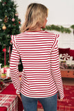 Red & White Striped Ruffle Shoulder Long Sleeve Top