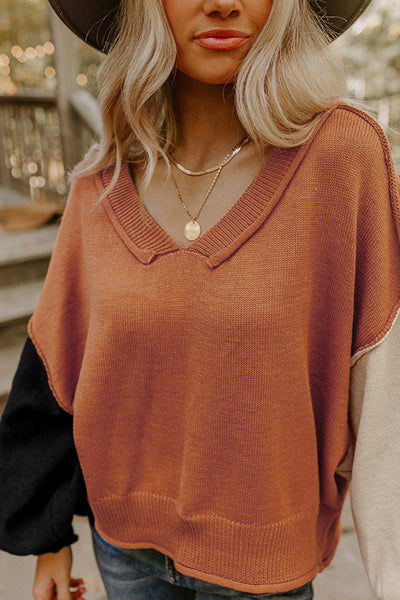 Desert Gold Colorblock Raw Edge Bubble Sleeve V Neck Sweater
