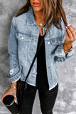 Light Blue Distressed Ripped Raw Hem Denim Jacket