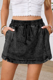 Mineral Wash Drawstring High-Waist Denim Skort with Pockets- 2 Colors