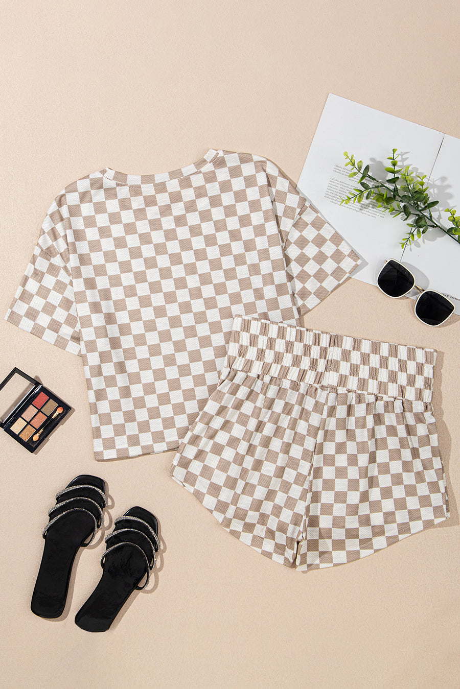 Brown Checkerboard T Shirt and High Waist Skort Set