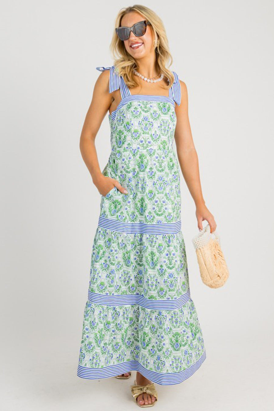 Pink Geometric Floral Print Striped Patchwork Detail Sleeveless Dress（Runs Small ）