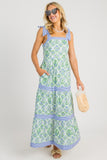 Pink Geometric Floral Print Striped Patchwork Detail Sleeveless Dress（Runs Small ）