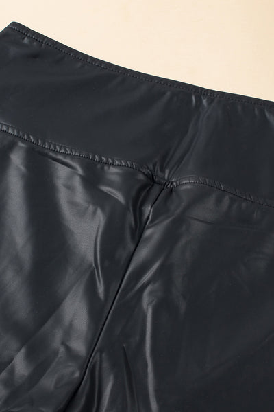 Black Piping Trim Sleek Faux Leather High Waist Leggings