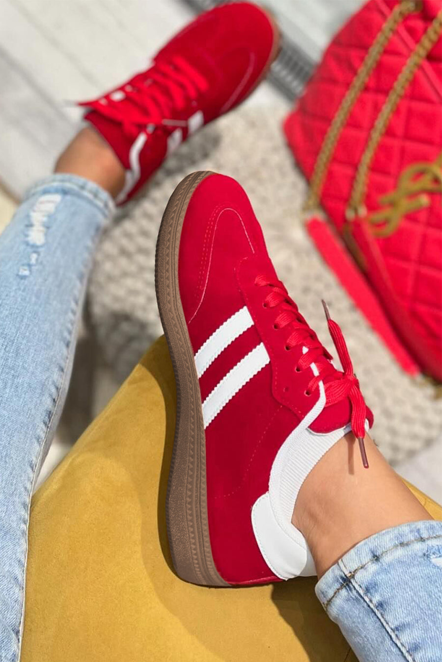 Fiery Red Vintage Striped Suede Patchwork Lace-Up Sneakers