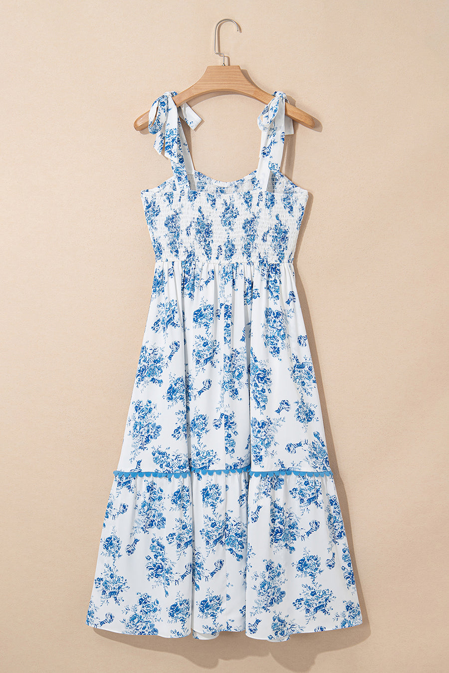 Blue Multi and White Floral Print Smocked Tie Strap Sleeveless Midi Dress