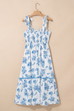 Blue Multi and White Floral Print Smocked Tie Strap Sleeveless Midi Dress