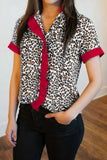 Leopard Print Contrast Frilled V-Neck Button-Up Blouse
