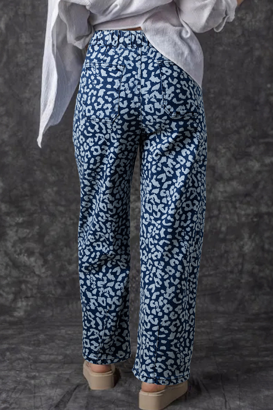 Leopard Print Drawstring Barrel Leg Jeans with Pockets- 2 Colors