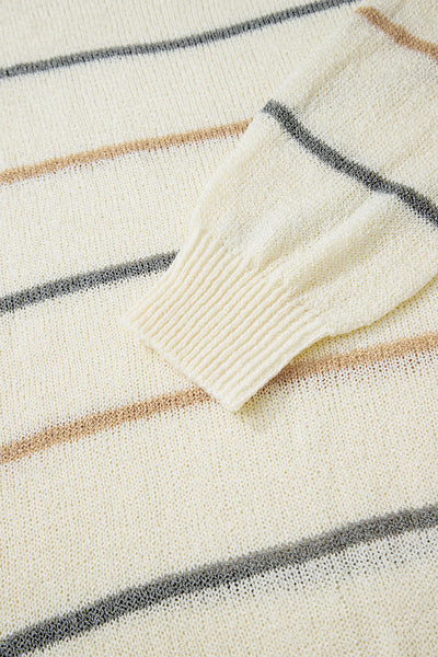 Brown Striped Ribbed Edge Drop Shoulder Sweater