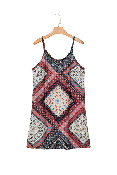 Red Geometric Paisley Print Sleeveless Mini Dress