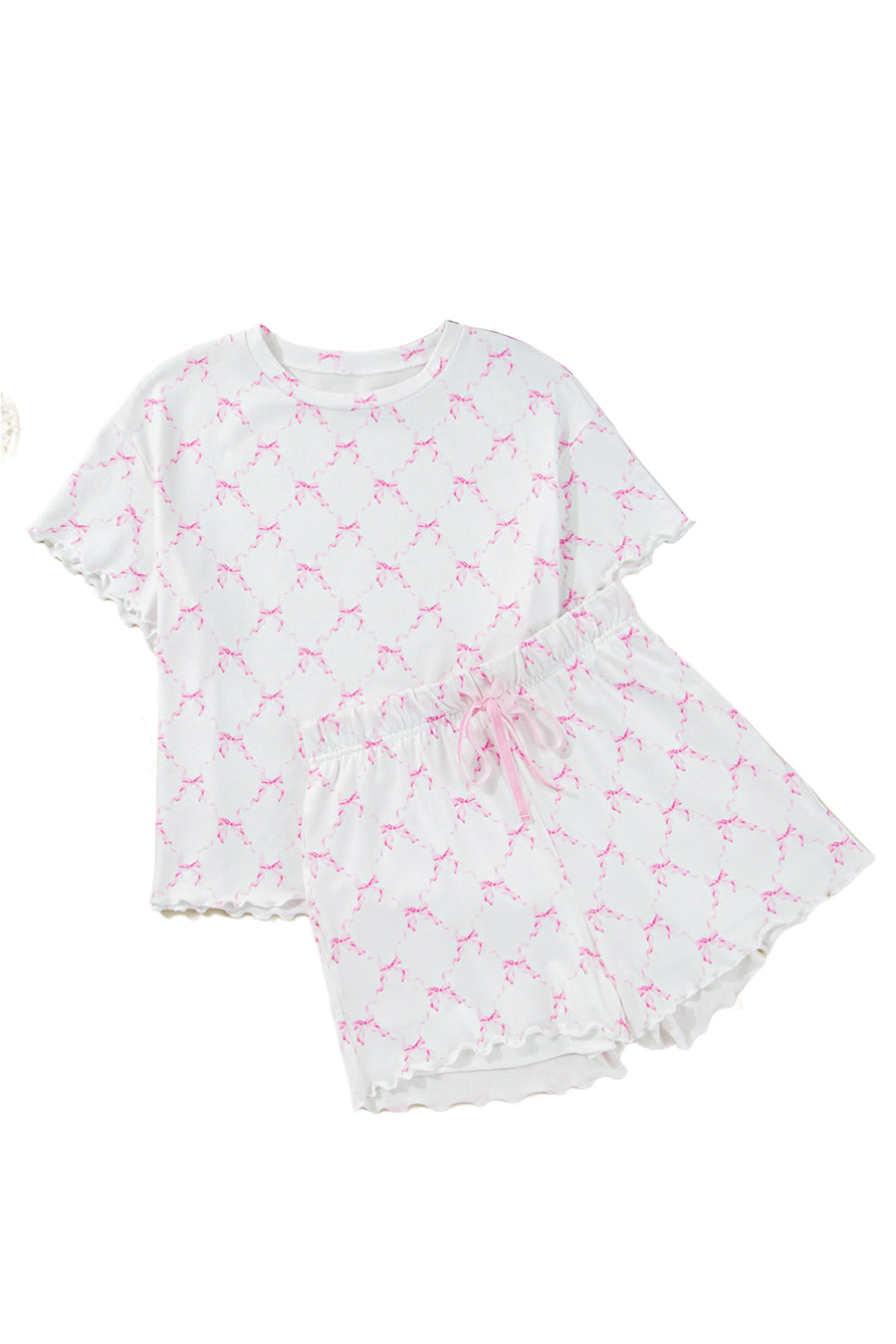 Pink Bow Print Lettuce Trim Short Sleeve Top and Shorts Pajama Set