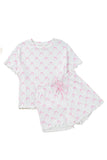 Pink Bow Print Lettuce Trim Short Sleeve Top and Shorts Pajama Set