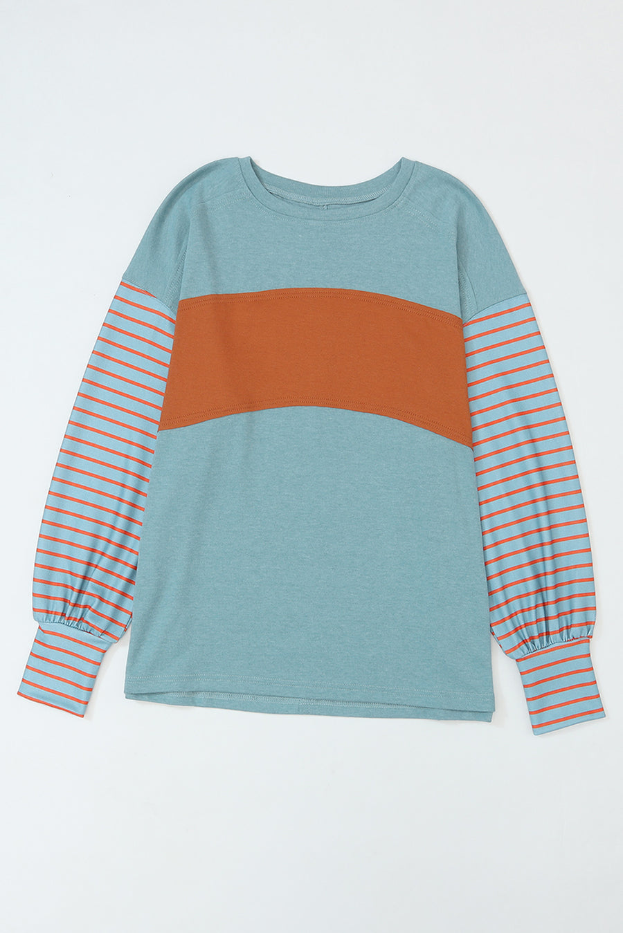 Duck Egg and Rust Color Block Striped Long Bishop Sleeve Side Slit T-Shirt