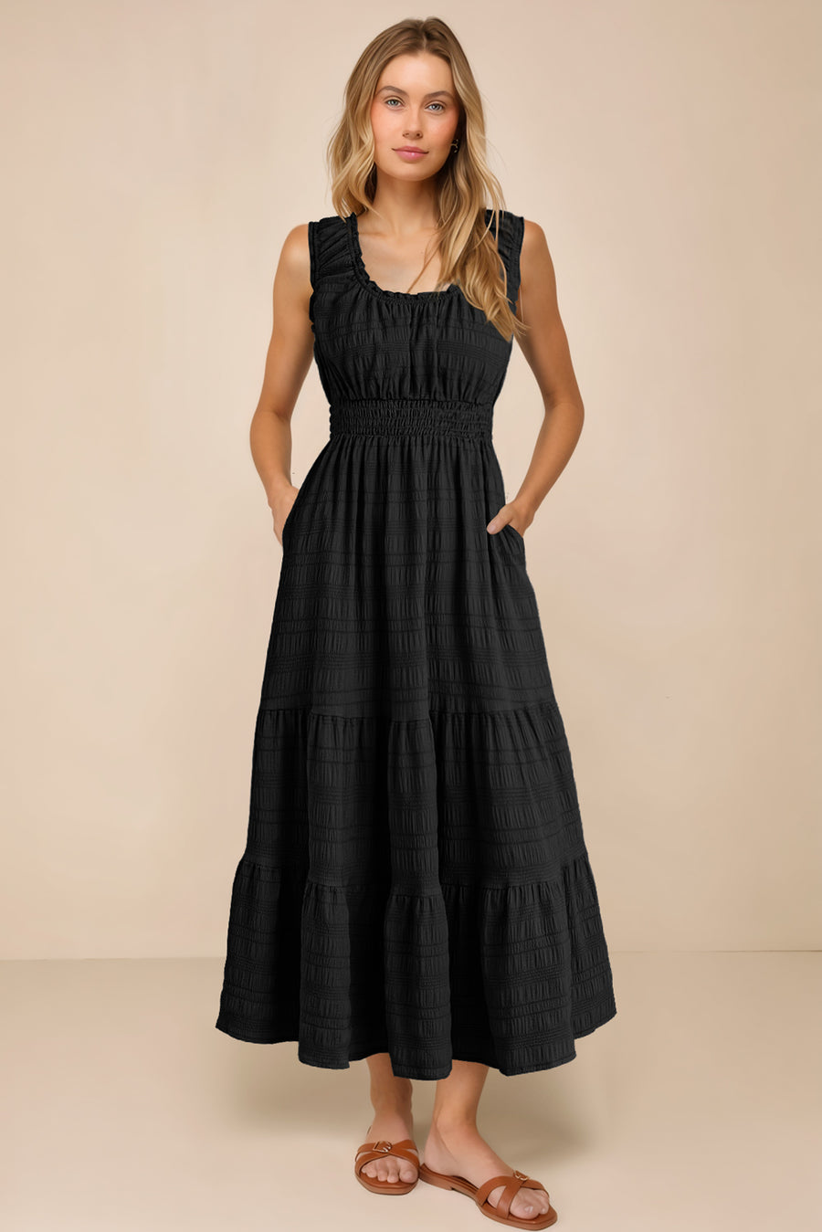Green Shirred Pleated Square Neck Sleeveless Midi Dress