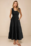 Green Shirred Pleated Square Neck Sleeveless Midi Dress