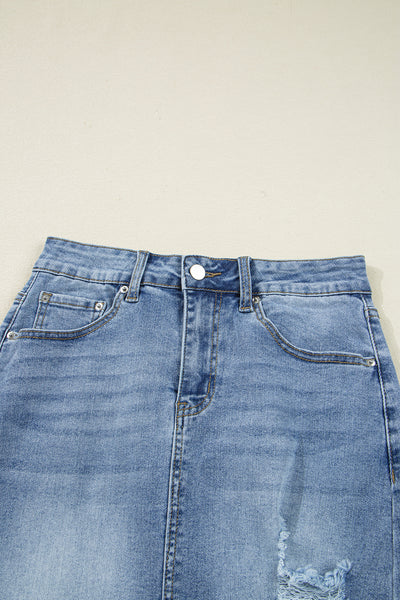 Myosotis Irregular Distressed Hem Denim Midi Skirt