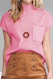 Green Pocket Ribbed Knit Short Sleeve Sweater- 9 Colors