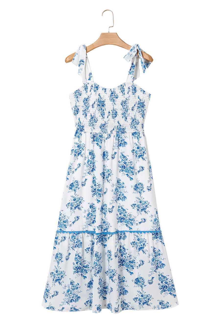 Blue Multi and White Floral Print Smocked Tie Strap Sleeveless Midi Dress