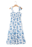 Blue Multi and White Floral Print Smocked Tie Strap Sleeveless Midi Dress
