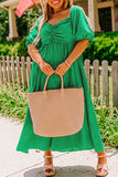 Bright Green Ruched Front Puff Sleeve Plus Size Maxi Dress