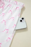 Pink Bow Print Lettuce Trim Short Sleeve Top and Shorts Pajama Set