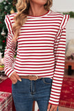 Red & White Striped Ruffle Shoulder Long Sleeve Top